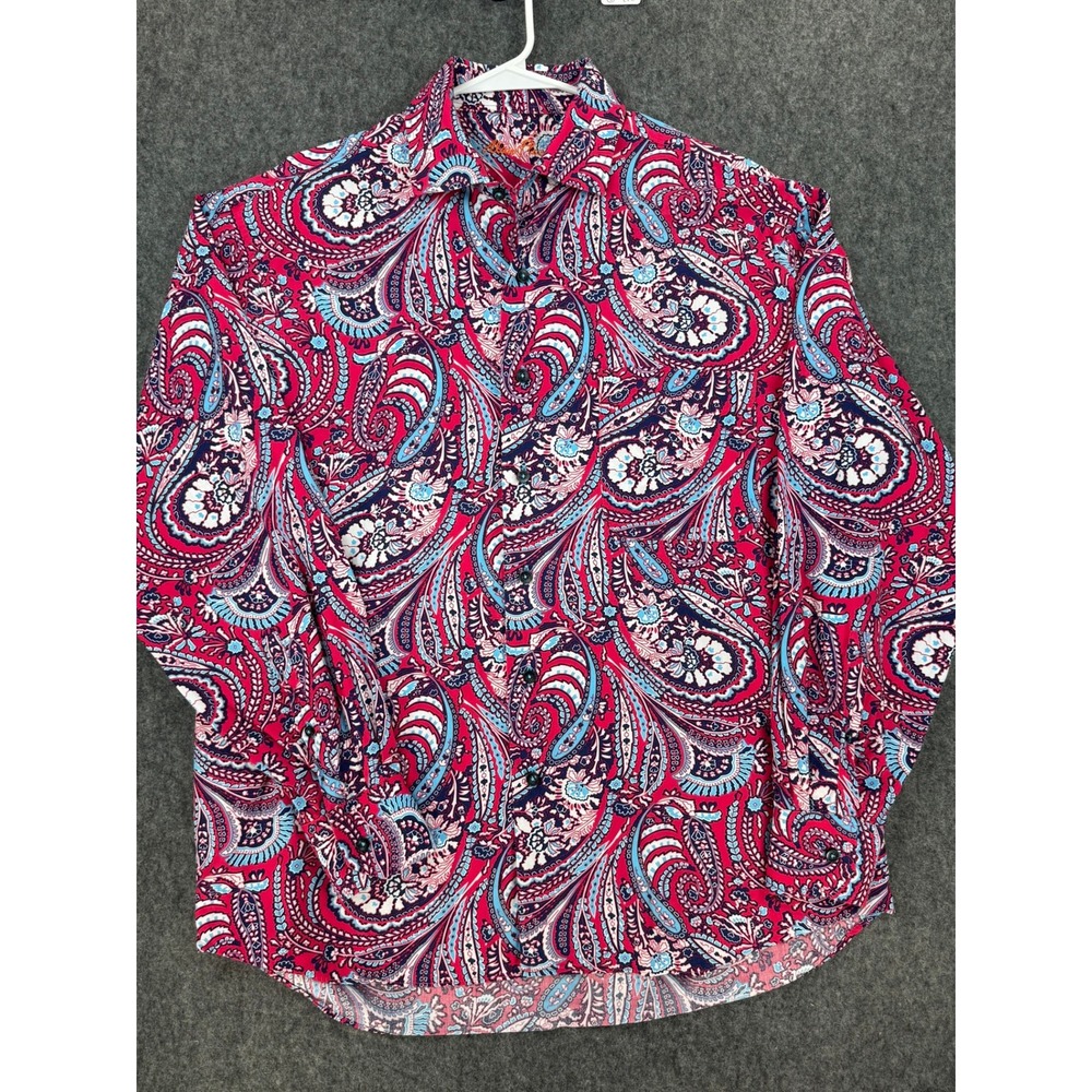 Alan Flusser Mens Pink Blue Paisley Cotton Button Down Long Sleeve Shirt Large